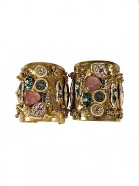 Handmade Indian Bridal Cuff Bracelet Pair Gold Kundan Meenakari Pearl Set
